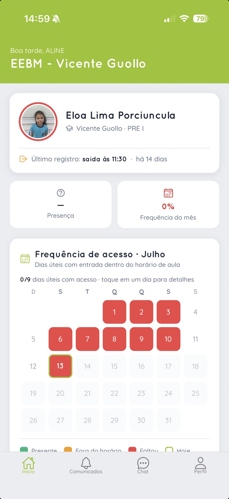App dos pais: calendário de frequência de acesso do aluno mês a mês