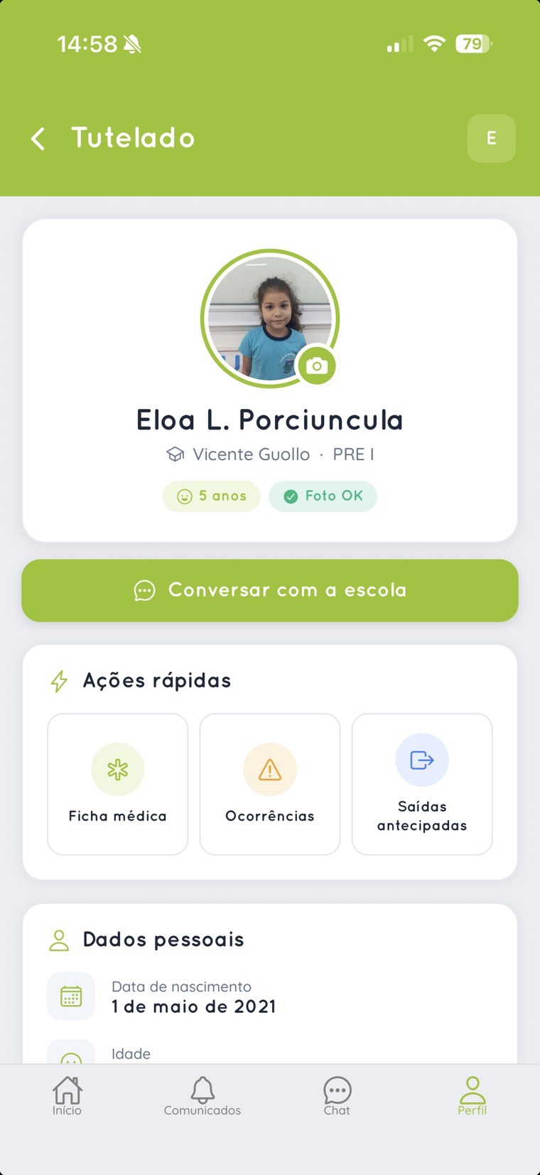 App dos pais: perfil do aluno com botão Conversar com a escola, ficha médica, ocorrências e saídas antecipadas